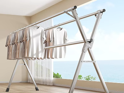 Foldable Metal Clothes Drying Rack With Hanging T Shirts Indoor Sea View Window 3d model
