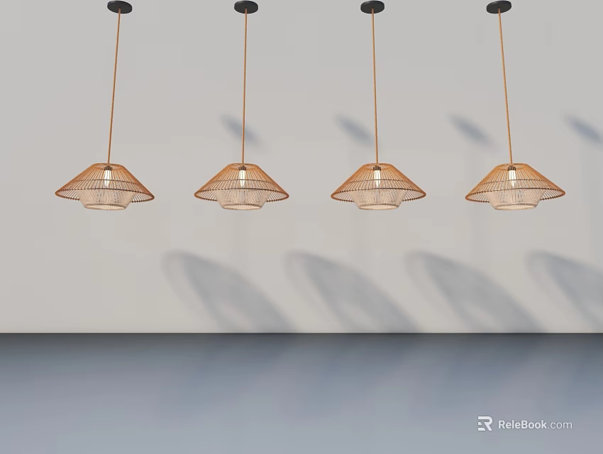 Modern Hinged Door Interior With Woven Pendant Lights And Shadow Effects 3d model