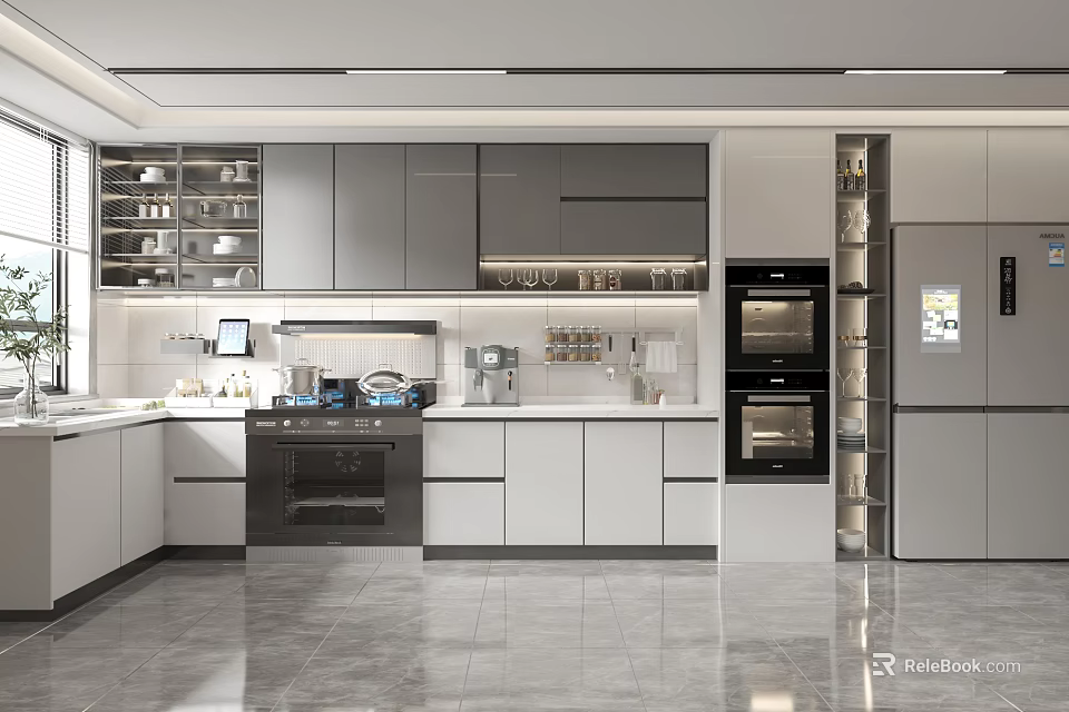 Modern Open Concept Kitchen Interior With Gray And White Cabinets Oven Refrigerator And Sleek Countertops 3d model 