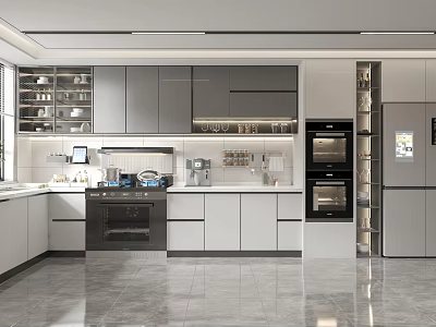 Modern Open Concept Kitchen Interior With Gray And White Cabinets Oven Refrigerator And Sleek Countertops 3d model