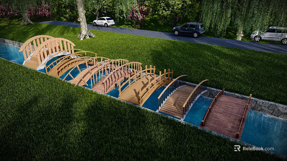 Scenic Wooden Bridges Over Blue Water In Lush Green Park With Trees And Vehicles 3d model 