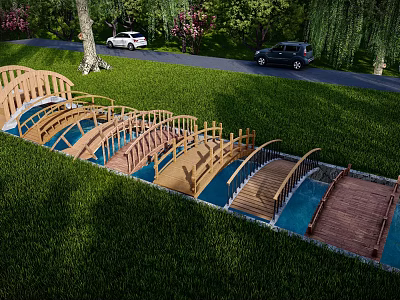 Scenic Wooden Bridges Over Blue Water In Lush Green Park With Trees And Vehicles 3d model