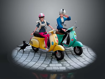 Game Movie Characters Riding Colorful Scooters With Helmets And Black Cat On Cobblestone Path 3d model