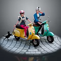Game Movie Characters Riding Colorful Scooters With Helmets And Black Cat On Cobblestone Path