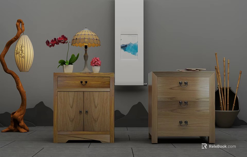 Traditional Wooden Bedside Tables With Cabinet Doors Drawers Lamp Orchid Pink Flowers And Books 3d model 