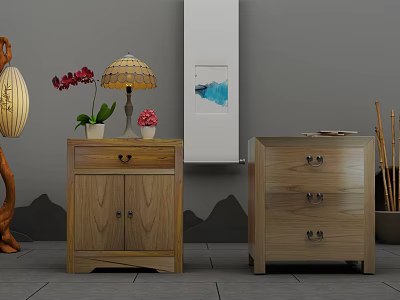 Traditional Wooden Bedside Tables With Cabinet Doors Drawers Lamp Orchid Pink Flowers And Books 3d model