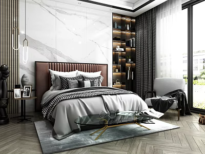 Modern Bedroom Interior With Double Bed Brown Headboard Pillows Bedding Nightstand Bookshelf And Window View 3d model