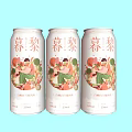 Three Canned Drinks With Fruit Illustrations And Chinese Labels On Light Blue Background