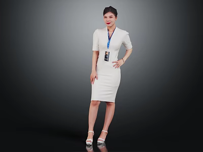 Elegant Woman in White Dress With Lanyard ID Standing Against Gray Background Wearing High Heels 3d model