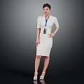 Elegant Woman in White Dress With Lanyard ID Standing Against Gray Background Wearing High Heels