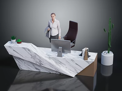 Modern Office Desk With Marble Top Computer Monitor Books Small Plant And Large Cactus 3d model