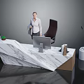 Modern Office Desk With Marble Top Computer Monitor Books Small Plant And Large Cactus
