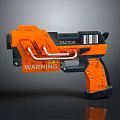Orange And Black Striped Gun Design With Caution And Warning Labels 3d model