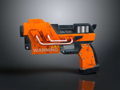 Orange And Black Striped Gun Design With Caution And Warning Labels 3d model