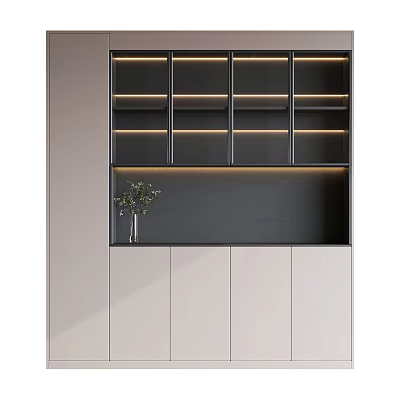 Modern Wine Cabinet With Layered Shelves Lighting White Doors And Potted Plant 3d model