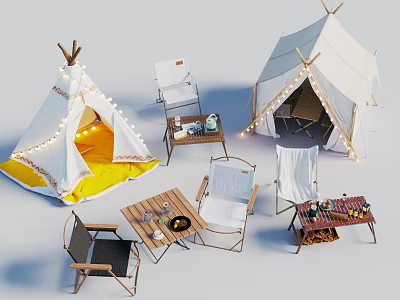 Two Tents With Folding Chairs Wooden Tables And String Lights For Outdoor Camping 3d model