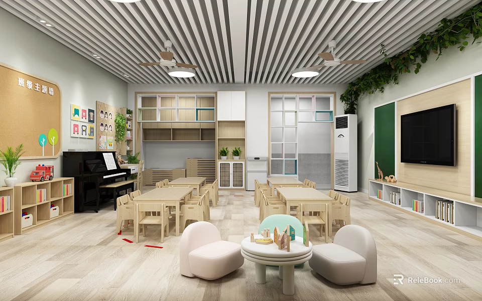 Kindergarten Classroom Interior With Wooden Tables Chairs Piano Green Plants And Toys 3d model 