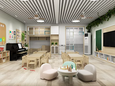 Kindergarten Classroom Interior With Wooden Tables Chairs Piano Green Plants And Toys 3d model