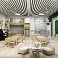 Kindergarten Classroom Interior With Wooden Tables Chairs Piano Green Plants And Toys