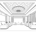 Elegant Hotel Public Lounge Area With Ornate Chandelier Red Carpet And Beige Sofas