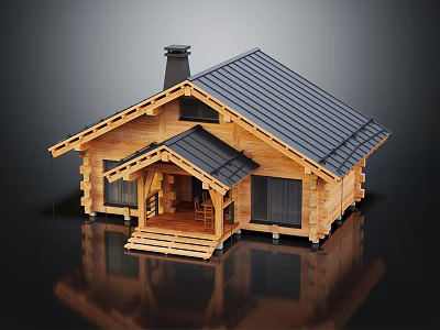 Wooden Cabin Exterior With Black Roof Chimney And Front Porch Steps 3d model