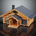 Wooden Cabin Exterior With Black Roof Chimney And Front Porch Steps