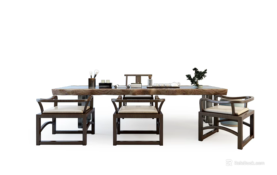 Solid Wood Chinese Style Tea Table and Chairs with Tea Set and Small Plant Decor 3d model 