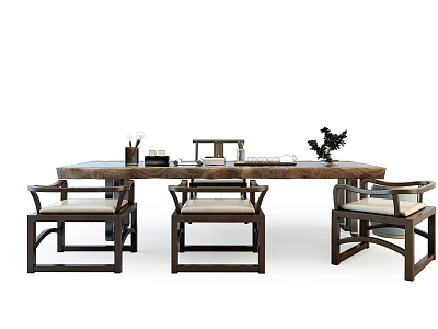Solid Wood Chinese Style Tea Table and Chairs with Tea Set and Small Plant Decor 3d model