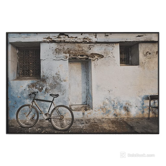 Vintage Landscape Painting With Blue And White Weathered Wall Wooden Door Windows And Bicycle 3d model 