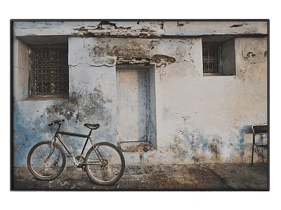 Vintage Landscape Painting With Blue And White Weathered Wall Wooden Door Windows And Bicycle 3d model