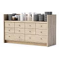Wooden Buffet Cabinet With Multiple Drawers And Various Dinnerware On Top 3d model