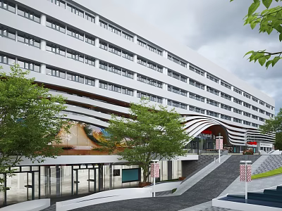 Modern Commercial Complex Architectural Exterior With Multi storey Glass Curtain Wall And Greenery Entrance Design 3d model