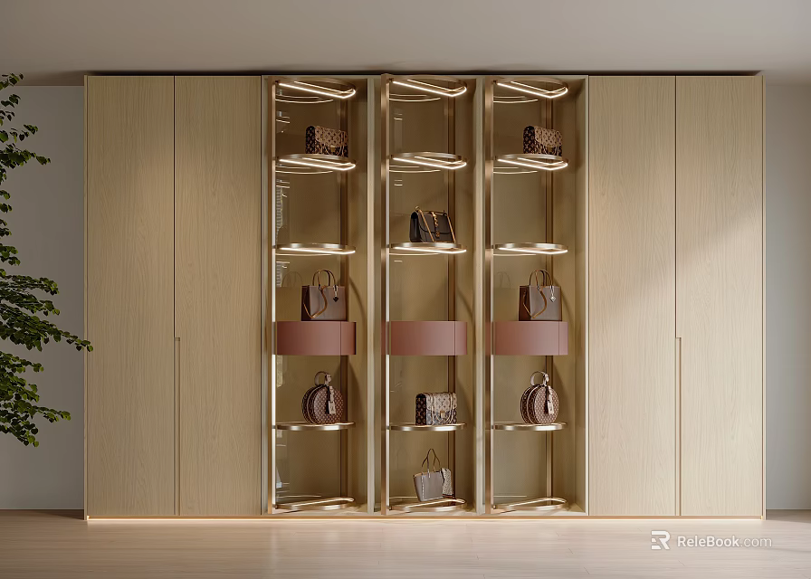 Modern Wooden Wardrobe Featuring Glass Doors Shelves And Bag Storage With Lighting 3d model 