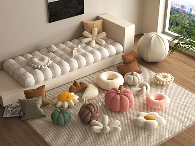 Soft Colorful Decorative Pillows Featuring Flower and Pumpkin Shapes for Living Room 3d model