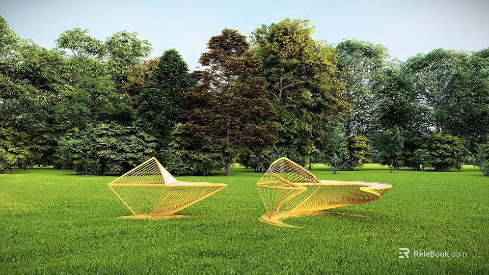 Yellow Geometric Landscape Seats on Green Grass Surrounded by Lush Trees 3d model 