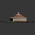 Cartoon Scene Of Small Two Story House With Red Tile Roof Grass Field And Pathway