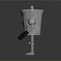 Silver Metal Robot Character With Bucket Shaped Body Eye Windows Arms And Legs