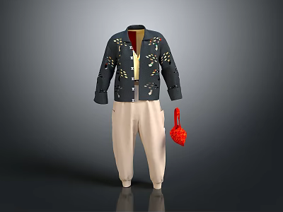 Traditional Dark Jacket With Floral Embroidery Light Inner Layer Beige Pants Red Bag 3d model