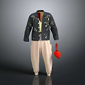 Traditional Dark Jacket With Floral Embroidery Light Inner Layer Beige Pants Red Bag