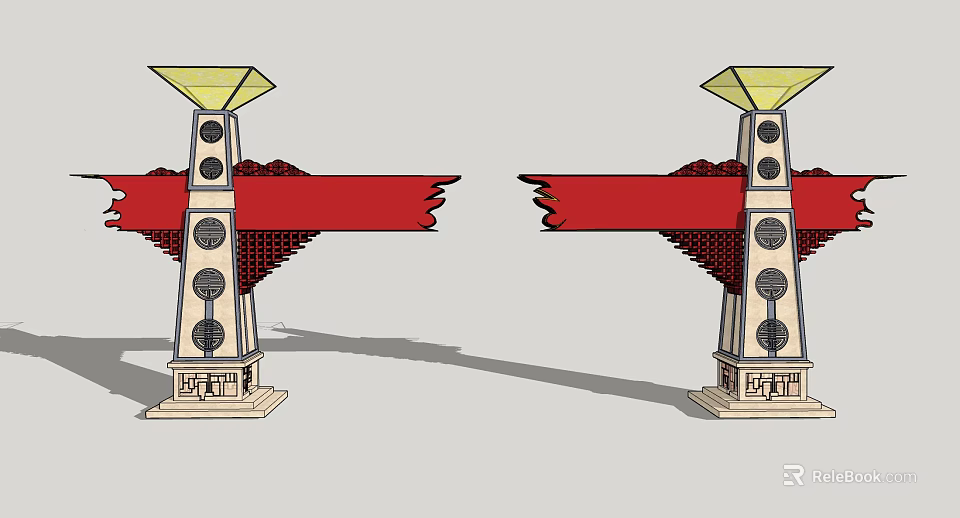Decorative Entrance Gate Design With Stone Pillars And Top Lighting Fixtures 3d model 
