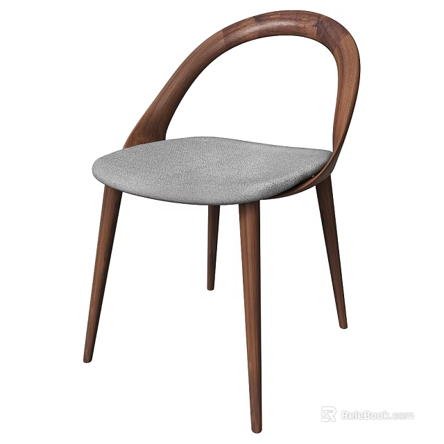 Modern Wooden Dining Chair With Curved Backrest Slim Legs And Gray Comfortable Cushion 3d model 