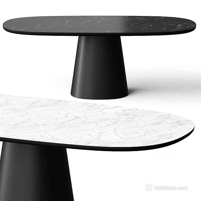 Round Black And Oval White Marble Dining Table With Conical Base Design 3d model 