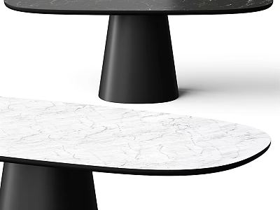 Round Black And Oval White Marble Dining Table With Conical Base Design 3d model