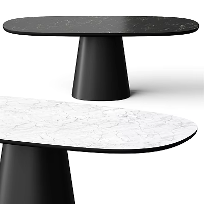 Round Black And Oval White Marble Dining Table With Conical Base Design 3d model