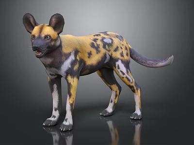 African Wild Dog With Yellow Black And White Spots Large Ears Standing On Gray Background 3d model