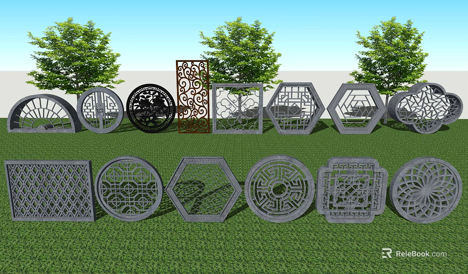 Various Decorative Partition Screens With Intricate Patterns In Outdoor Garden 3d model 