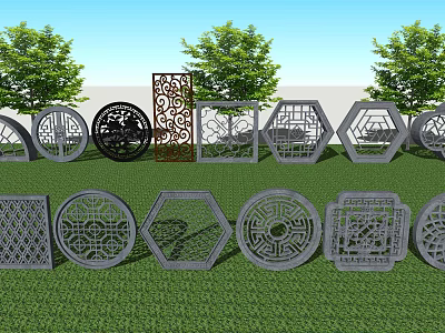 Various Decorative Partition Screens With Intricate Patterns In Outdoor Garden 3d model