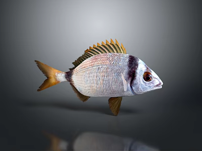 Realistic Silver Fish With Black Stripe Yellow Fins Large Eyes And Reflection On Gray Background 3d model