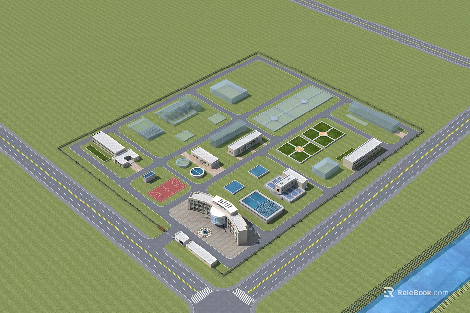 Aerial View Industrial Factory Layout With Multiple Buildings Roads And Landscaping 3d model 