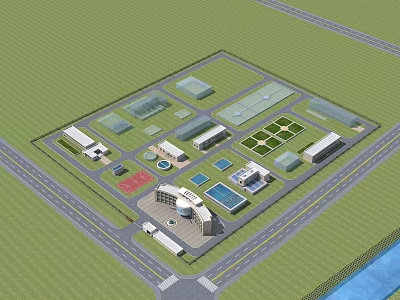Aerial View Industrial Factory Layout With Multiple Buildings Roads And Landscaping 3d model